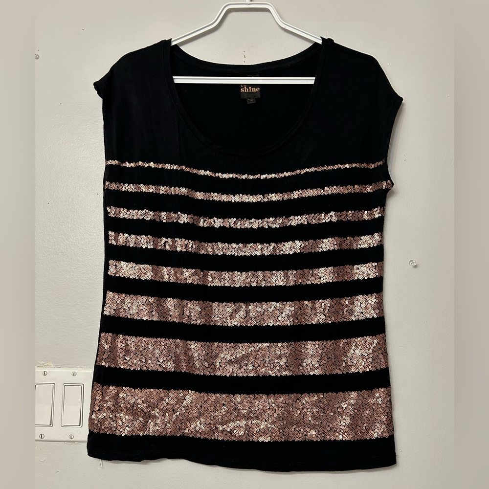Rock & Shine Black short sleeve tee with coppery sequins